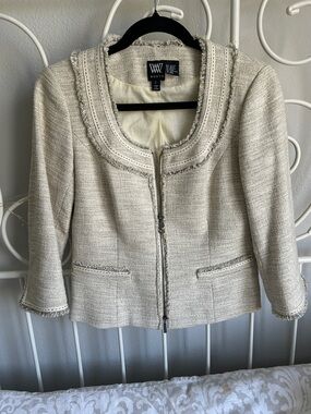 Worth Ivory Tweed Zip Jacket with Frayed Trim